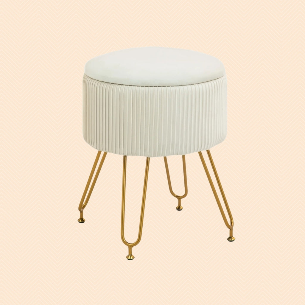 2-in-1 Aufbewahrungshocker Cremeweiß Samtoptik – Runder Fußhocker mit Tablett/Beistelltisch Funktion