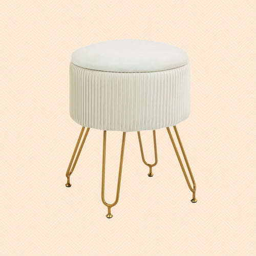 2-in-1 Aufbewahrungshocker Cremeweiß Samtoptik – Runder Fußhocker mit Tablett/Beistelltisch Funktion