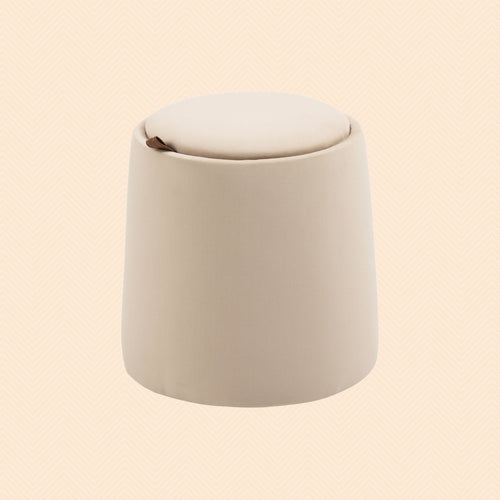 2-in-1 Hocker Beige Samtoptik – Runder Sitzhocker mit Stauraum und Tablett-Deckel