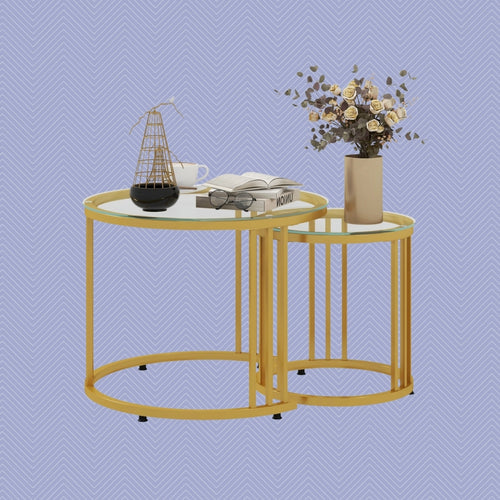 2er Beistelltisch-Set Rund Gold – Art-Déco-Satztische mit Hartglasplatte (Ø60/Ø40 cm)