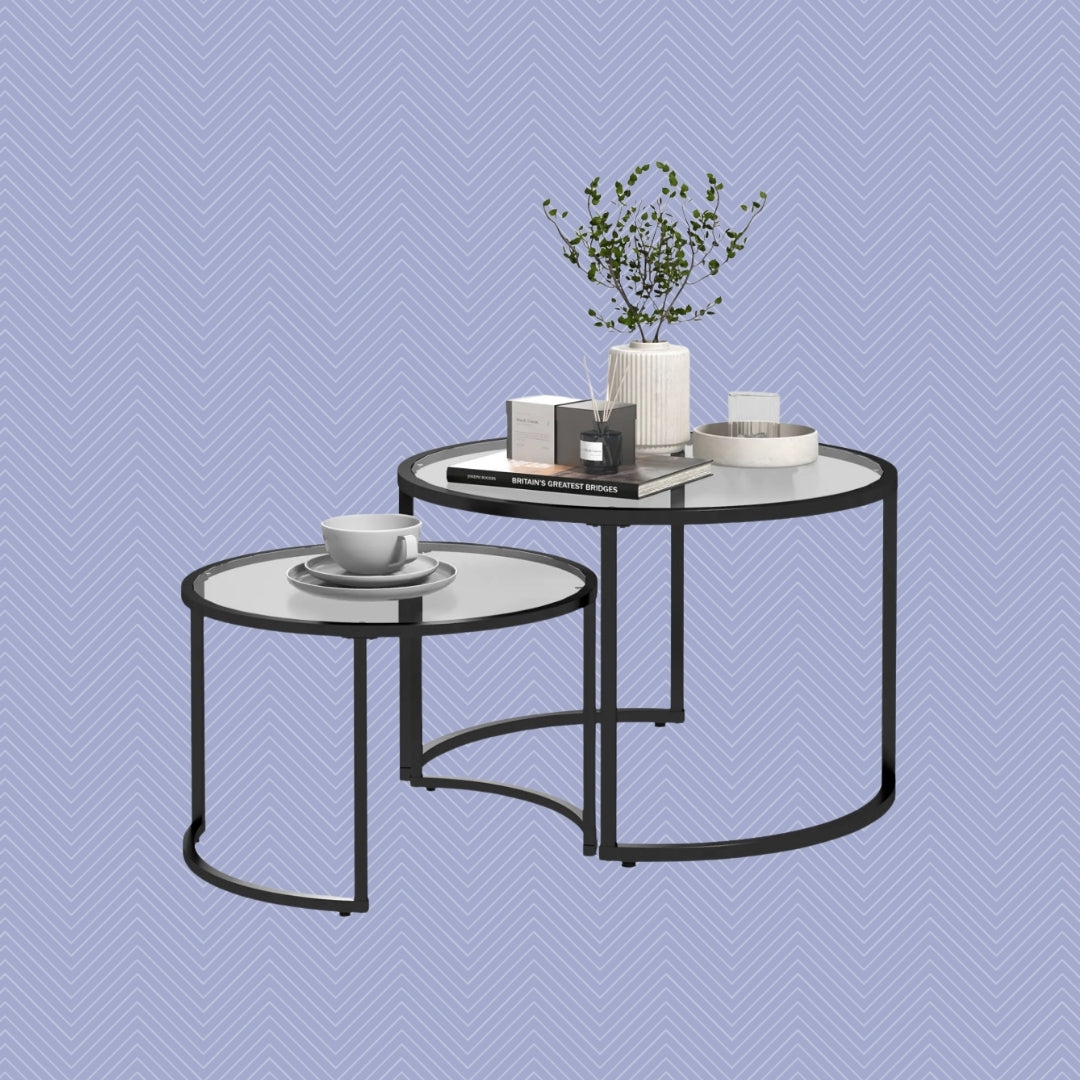 2er Beistelltisch-Set Rund Schwarz – Glastische (Ø70/Ø54 cm) in Stapelbarem Industrie-Design