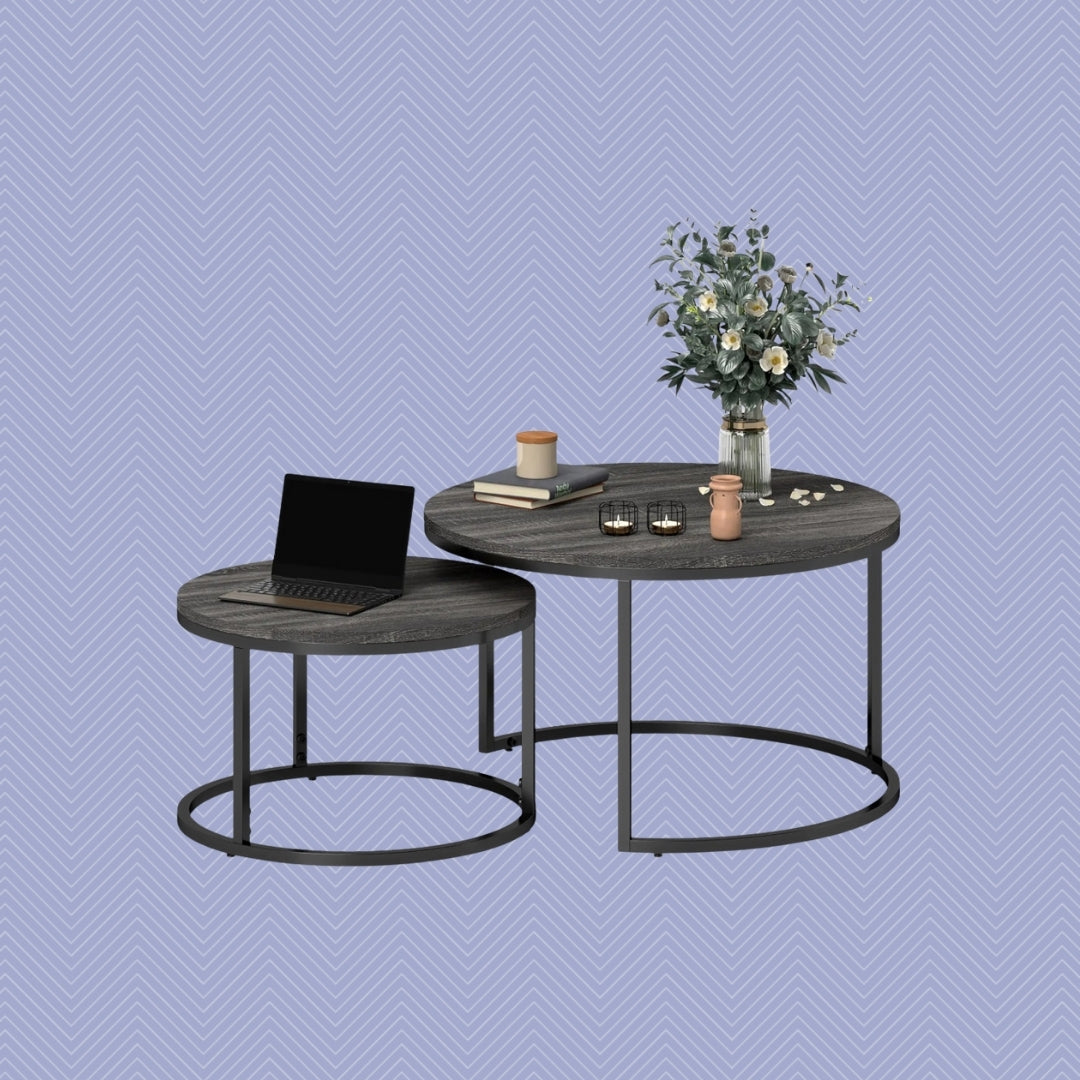 2er Couchtisch-Set Rund Dunkelgrau – Stapelbare Beistelltische in Marmor-Optik, Metall