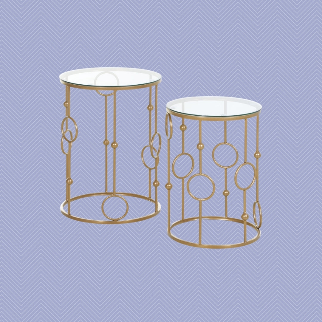 2er Couchtisch-Set Rund Gold – Glastische mit Reifen- & Kugeldesign (Ø41/Ø36 cm)