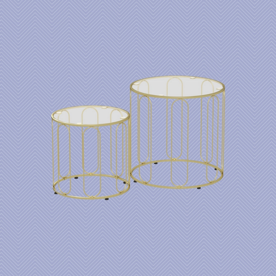 2er Couchtisch-Set Rund Gold – Glastische mit Geometrischem Rahmen (Ø50/Ø40 cm)