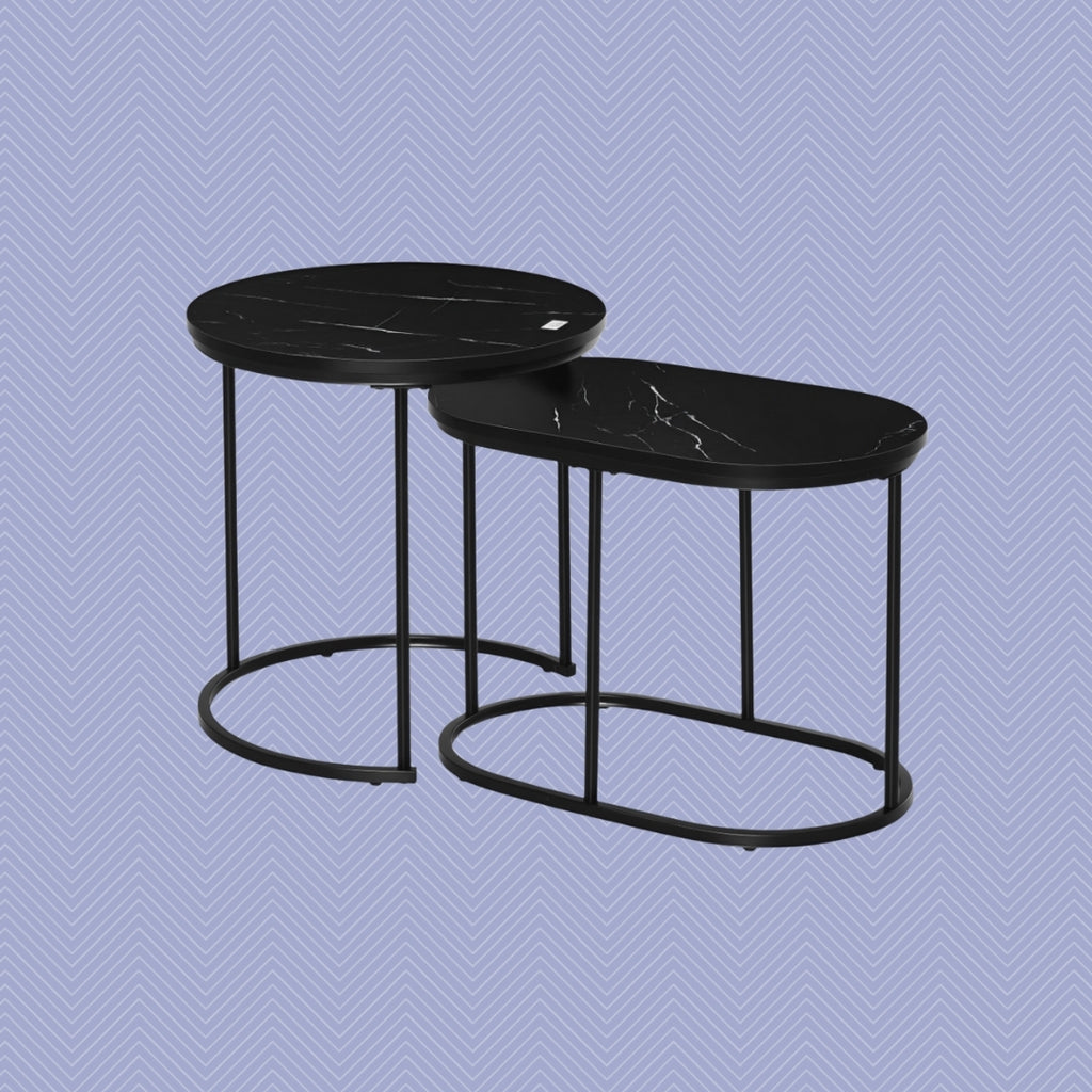2er Couchtisch-Set Schwarz – Runder & Ovaler Satztisch in Marmor-Optik, stapelbar