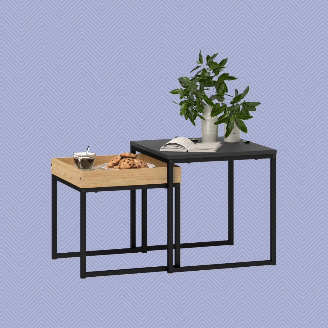 2er Couchtisch-Set Schwarz – Moderne Quadratische Sofatische (45/40 cm) Ineinanderstellbar