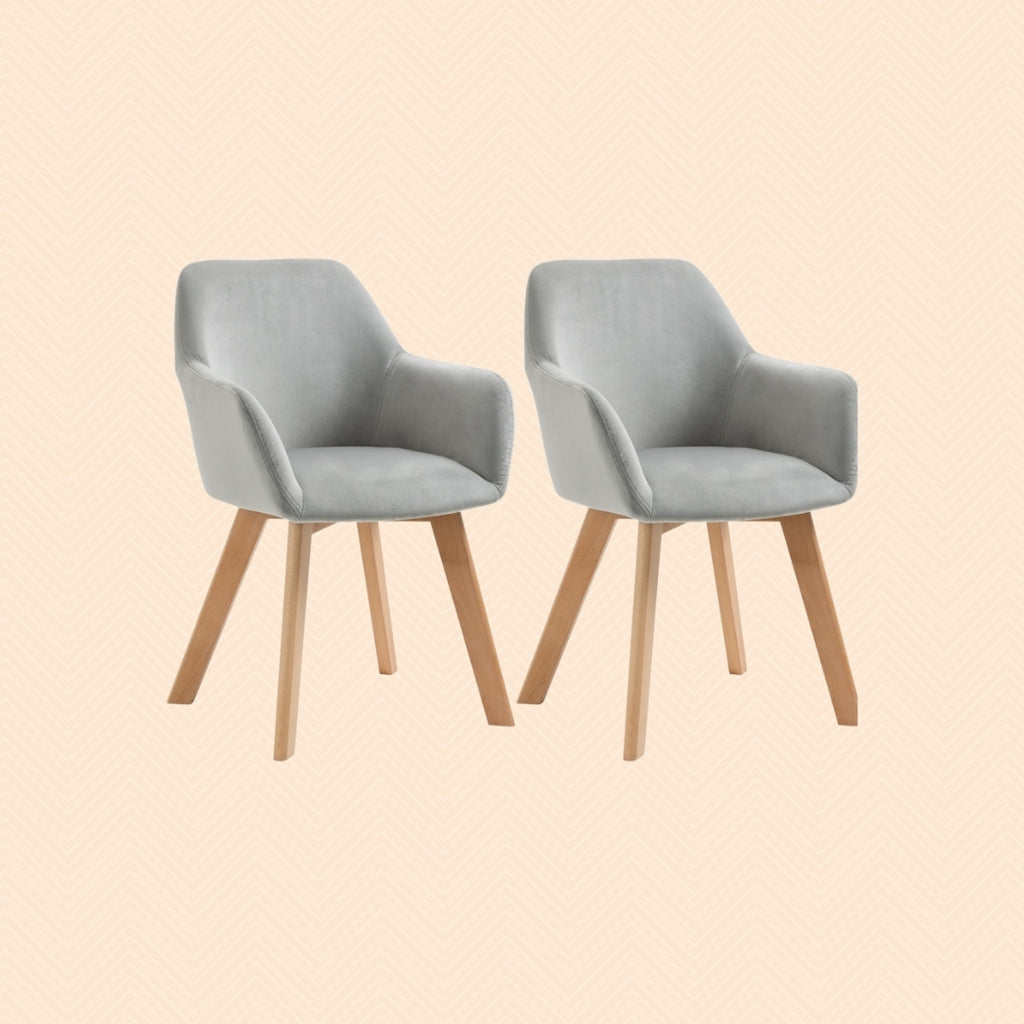 2er Set Armlehnstühle Samt Grau – Holzbeine Natur | Ergonomisch & Bequem