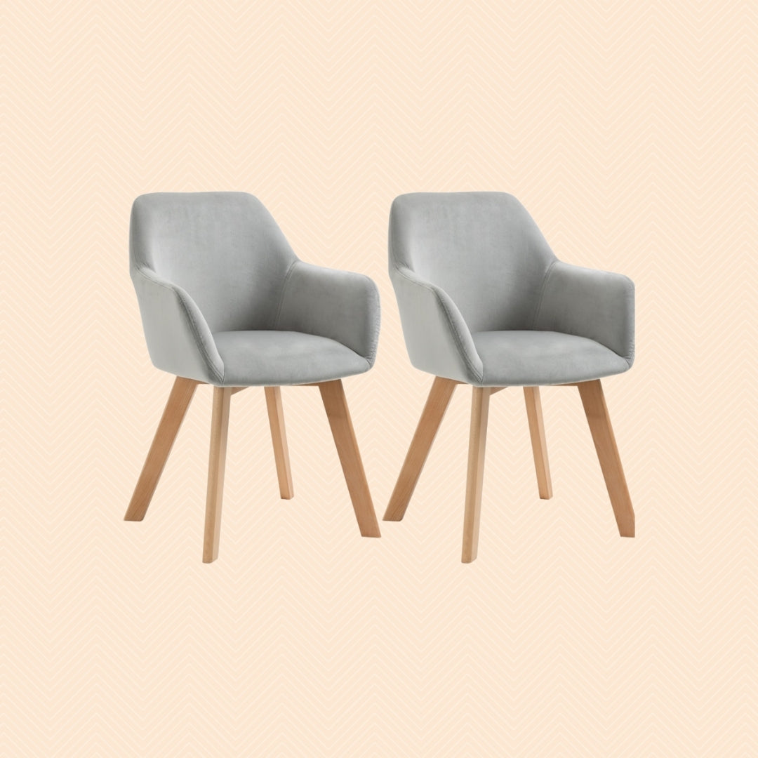 2er Set Armlehnstühle Samt Grau – Holzbeine Natur | Ergonomisch & Bequem