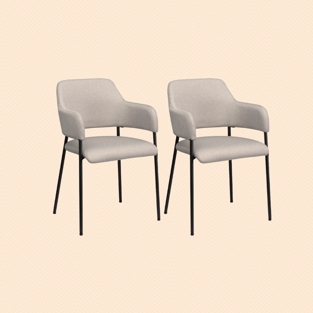 2er Set Esszimmerstühle Beige – Geschwungene Rückenlehne in Leinenoptik mit Metallgestell