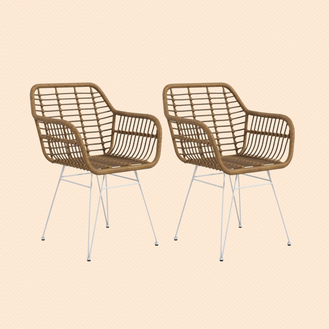 2er Set Esszimmerstühle Boho-Stil – Akzentstühle PE-Rattan Hellbraun mit Weißen Beinen