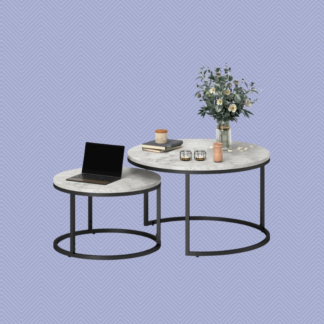 2er Couchtisch-Set Rund Schwarz – Stapelbare Beistelltische in Marmor-Optik (Ø78/Ø59 cm)