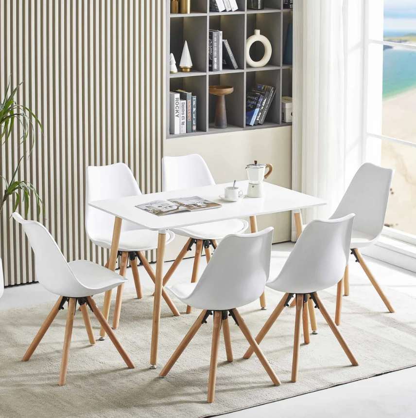 Esszimmerstuhl – Weiß Rundsitz, Kunstleder, Buche Holzbeine