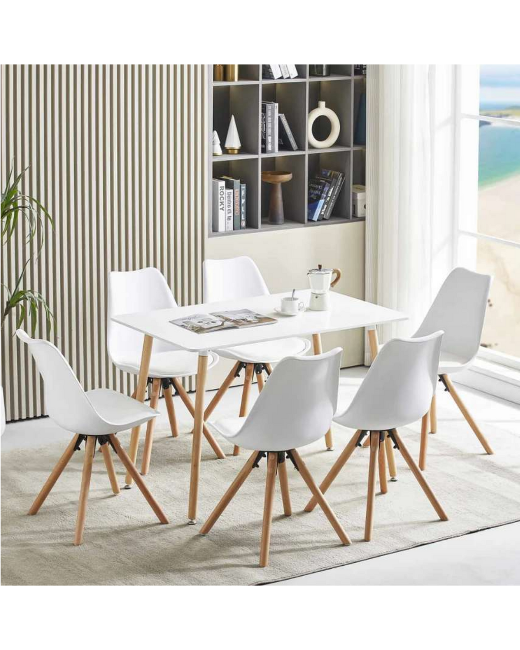 Nordisches Design 6-Personen Essgruppe - 120x80 cm Tisch & Weiße Gepolsterte Stühle