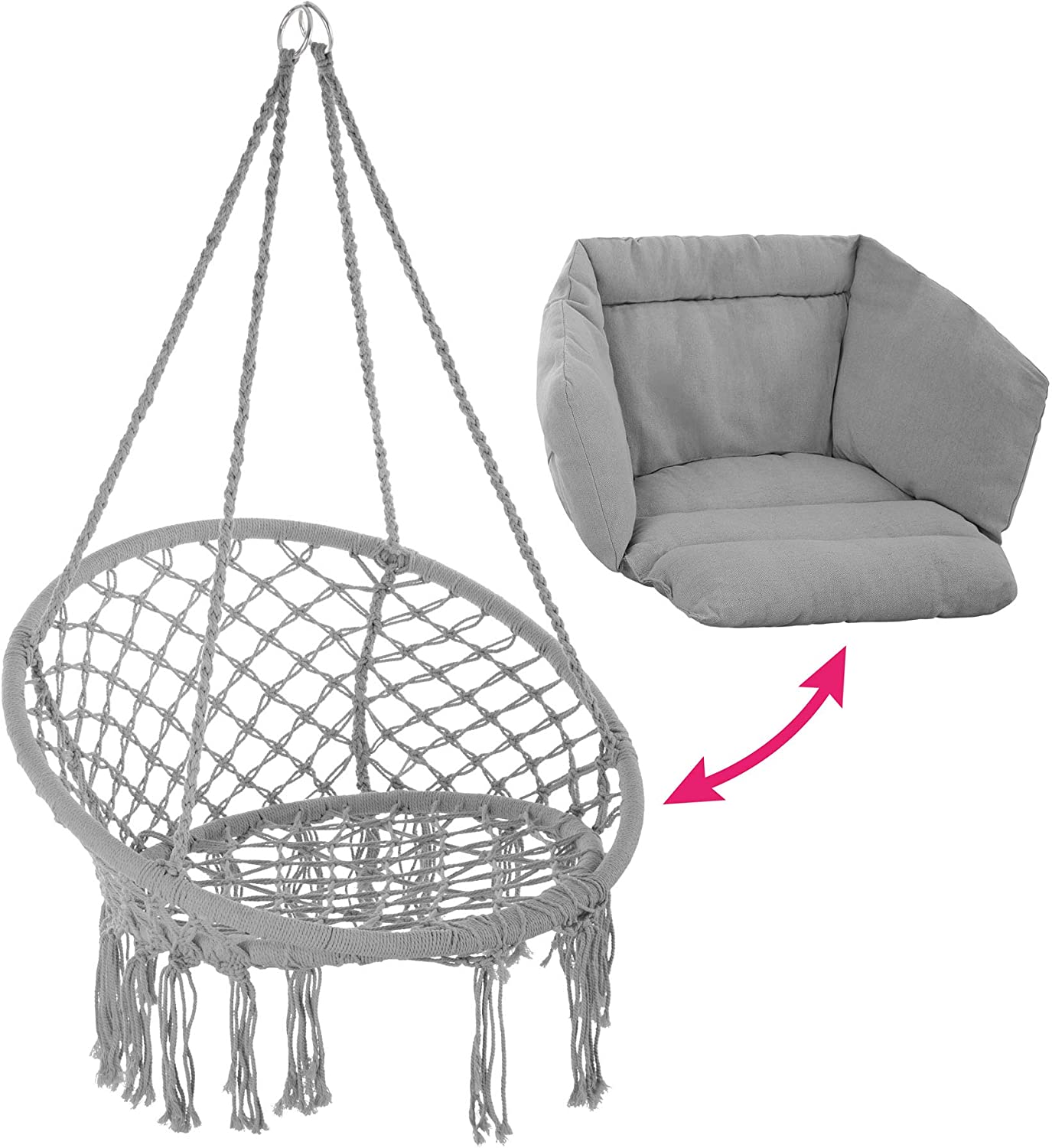 Grauer Boho Makramee Hängesessel - Für Innen & Außen (Max. 120 kg)