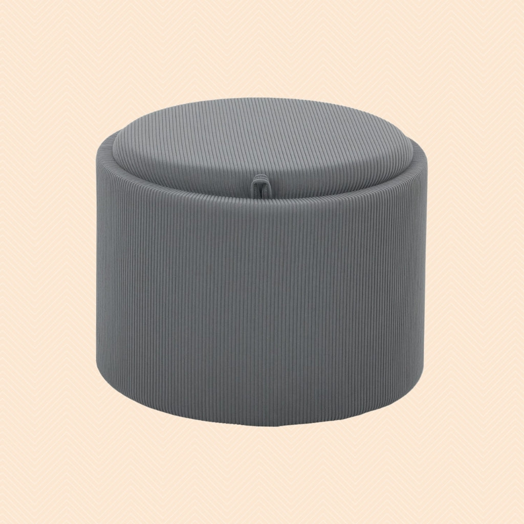 Aufbewahrungshocker Grau Cordstoff – Runde Ottomane mit Stauraum und Tablett-Deckel