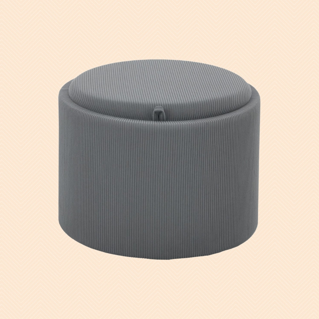 Aufbewahrungshocker Grau Cordstoff – Runde Ottomane mit Stauraum und Tablett-Deckel
