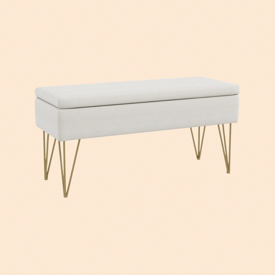 Bettbank mit Stauraum Creme (100 cm) – Leinenoptik Sitzbank mit Goldenen Haarnadelbeinen