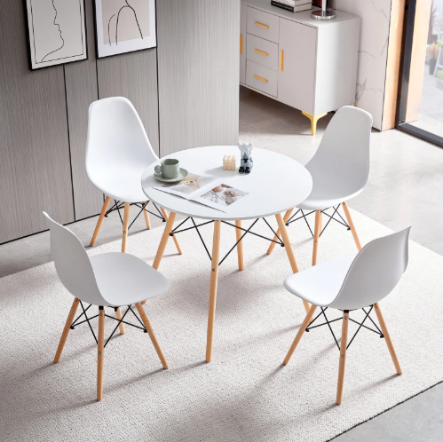 Skandinavisches Design 4-Personen Essgruppe - Runder Tisch & Weiße Stühle