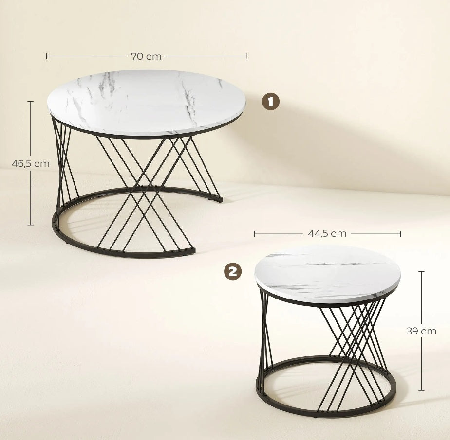 Couchtische 2er-Set Weiß – Runde Satztische (Ø70/Ø44,5 cm) in Marmor-Optik, ineinanderstellbar