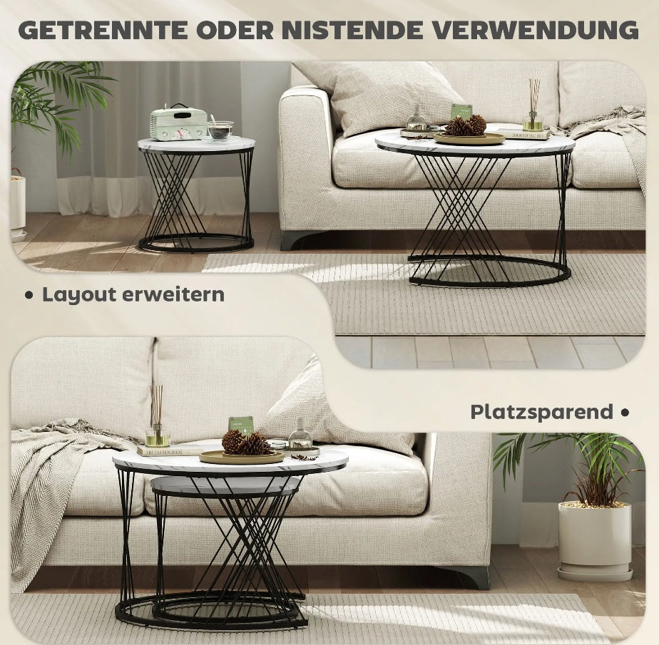 Couchtische 2er-Set Weiß – Runde Satztische (Ø70/Ø44,5 cm) in Marmor-Optik, ineinanderstellbar