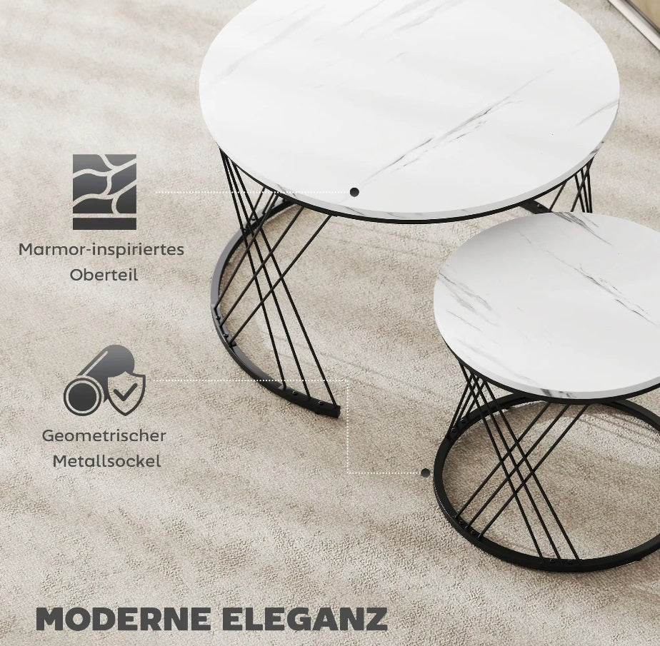 Couchtische 2er-Set Weiß – Runde Satztische (Ø70/Ø44,5 cm) in Marmor-Optik, ineinanderstellbar