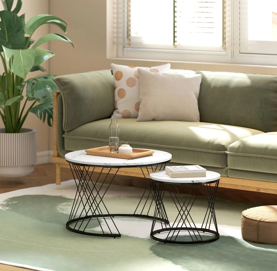 Couchtische 2er-Set Weiß – Runde Satztische (Ø70/Ø44,5 cm) in Marmor-Optik, ineinanderstellbar