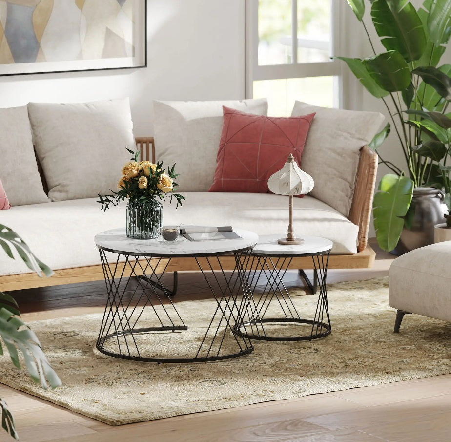 Couchtische 2er-Set Weiß – Runde Satztische (Ø70/Ø44,5 cm) in Marmor-Optik, ineinanderstellbar