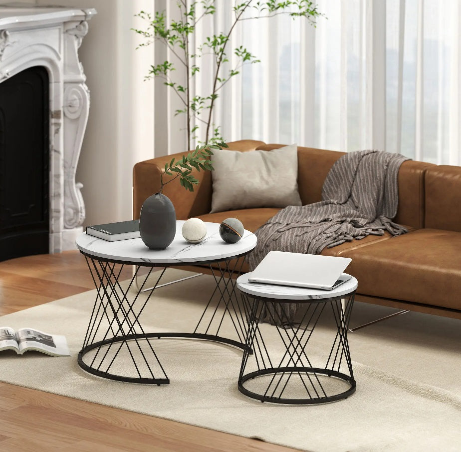 Couchtische 2er-Set Weiß – Runde Satztische (Ø70/Ø44,5 cm) in Marmor-Optik, ineinanderstellbar