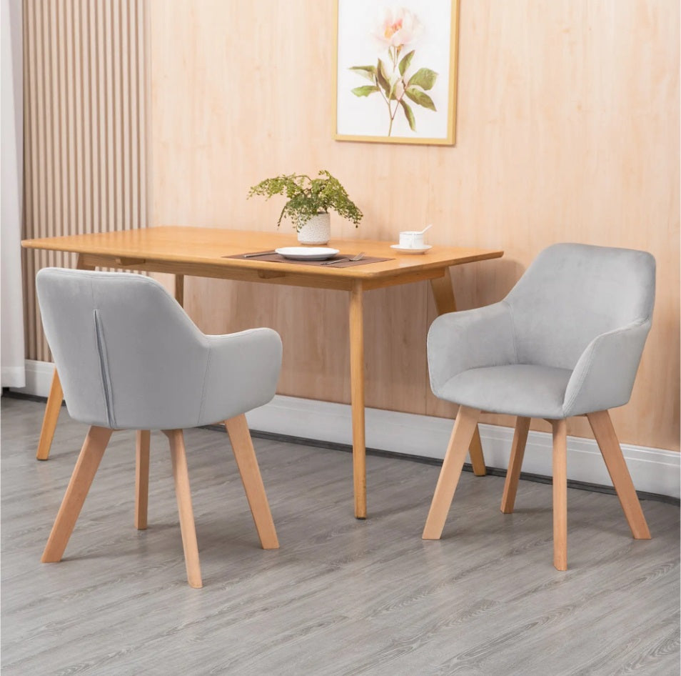 2er Set Armlehnstühle Samt Grau – Holzbeine Natur | Ergonomisch & Bequem