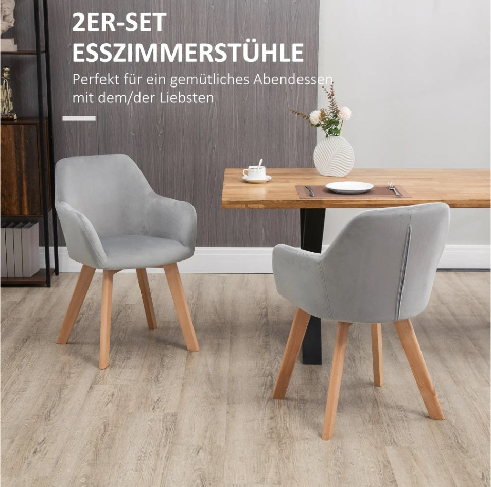 2er Set Armlehnstühle Samt Grau – Holzbeine Natur | Ergonomisch & Bequem