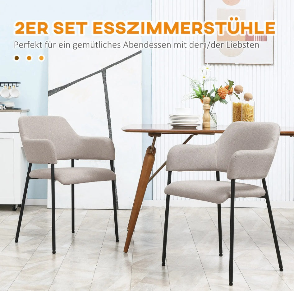 2er Set Esszimmerstühle Beige – Geschwungene Rückenlehne in Leinenoptik mit Metallgestell