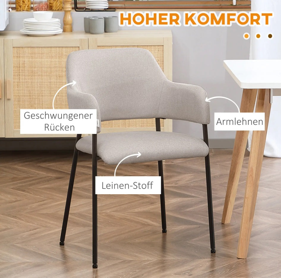 2er Set Esszimmerstühle Beige – Geschwungene Rückenlehne in Leinenoptik mit Metallgestell