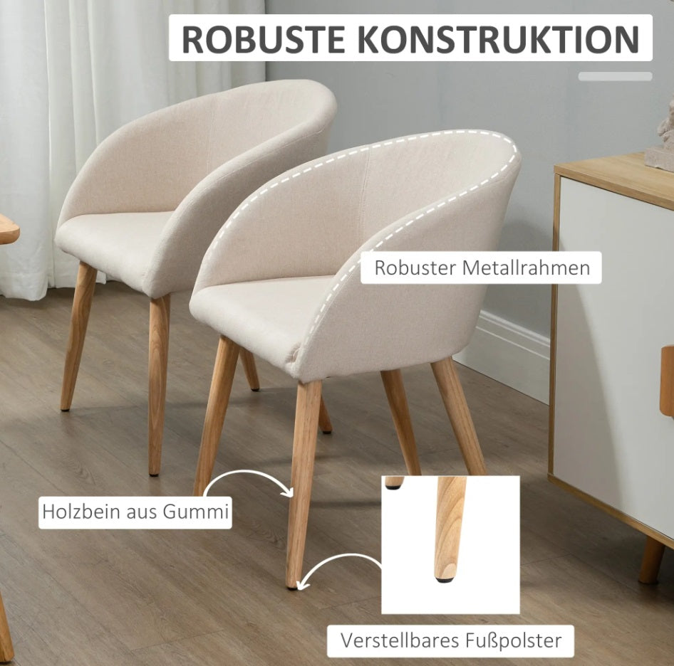 2er Set Esszimmerstühle Skandinavisch – Beige Polsterstuhl mit Holzbeinen | Hohe Stabilität