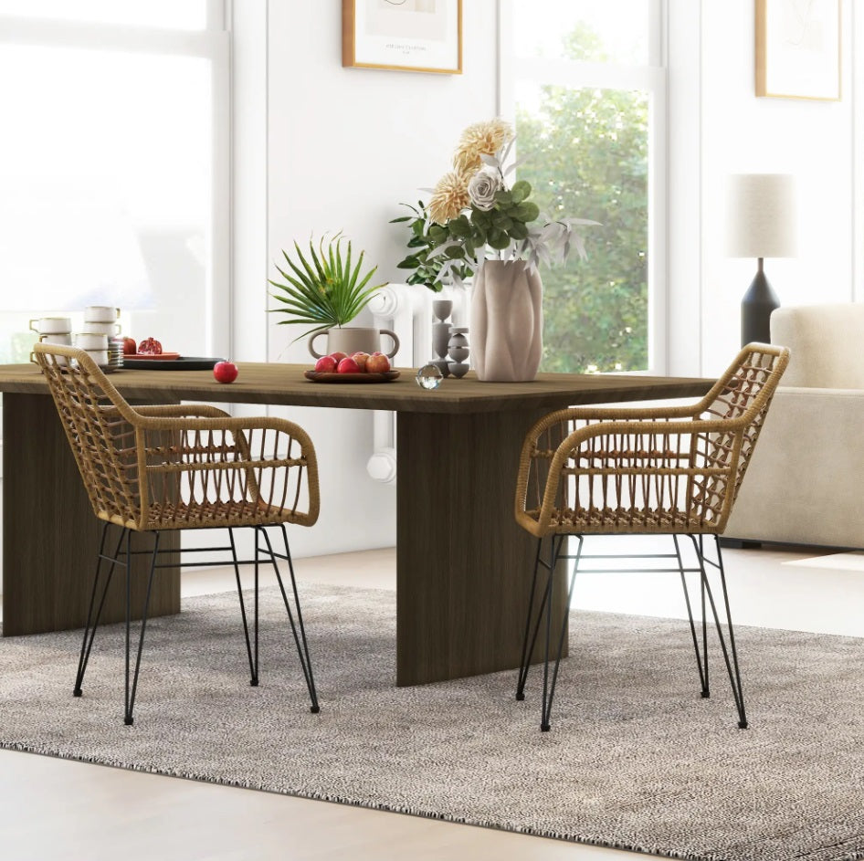 2er Set Esszimmerstühle Boho-Stil – PE-Rattan in Natur mit Schwarzen Metallbeinen