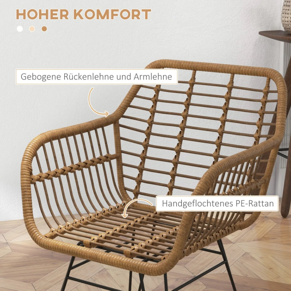2er Set Esszimmerstühle Boho-Stil – PE-Rattan in Natur mit Schwarzen Metallbeinen