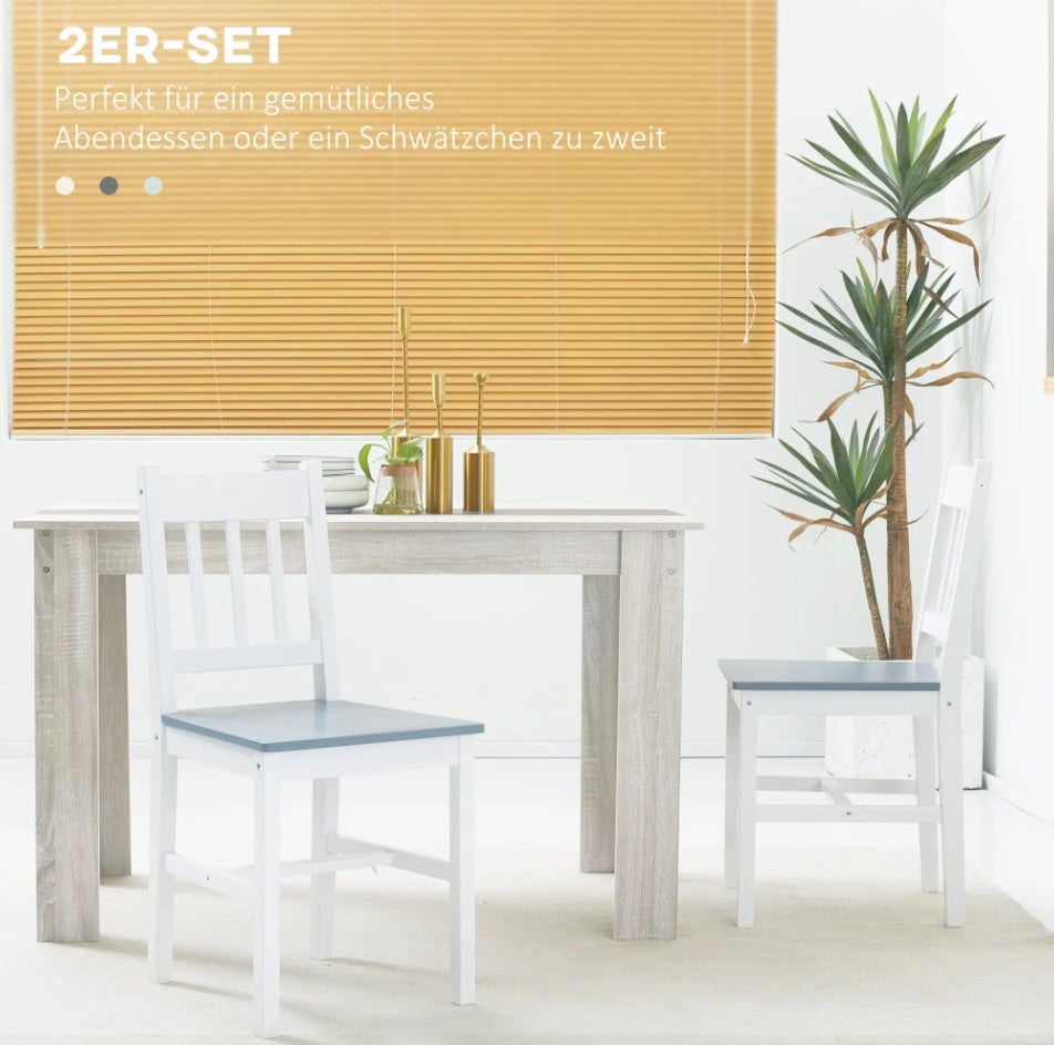2er Set Esszimmerstühle aus Massivholz – Weiße Holzstühle mit Grauer Sitzfläche