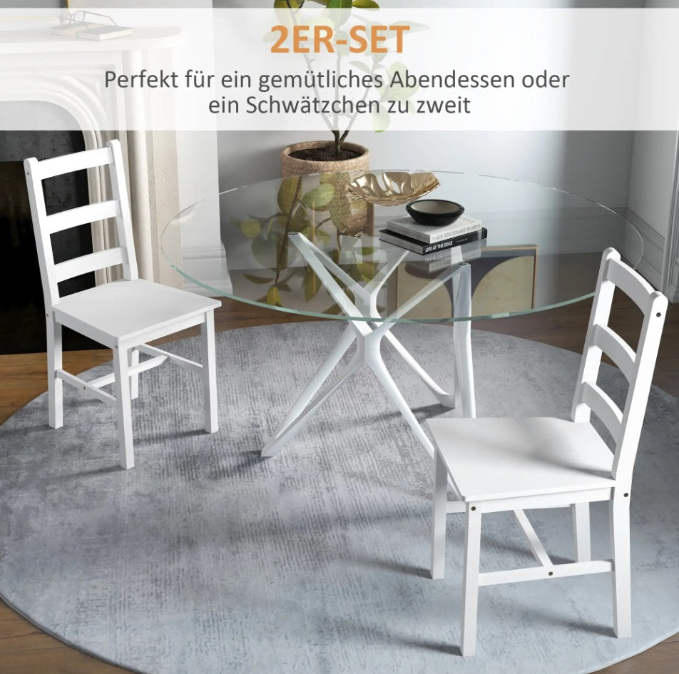 2er Set Esszimmerstühle Massivholz Weiß – Küchenstühle mit Leisten-Rückenlehne
