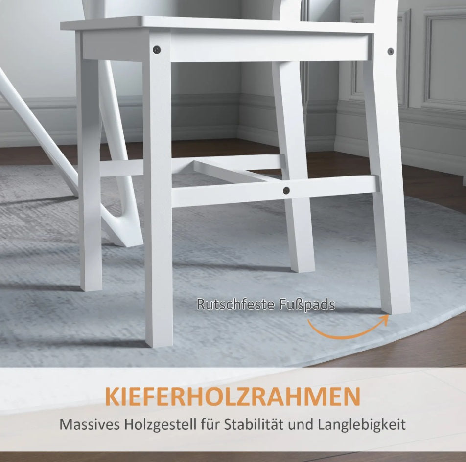 2er Set Esszimmerstühle Massivholz Weiß – Küchenstühle mit Leisten-Rückenlehne