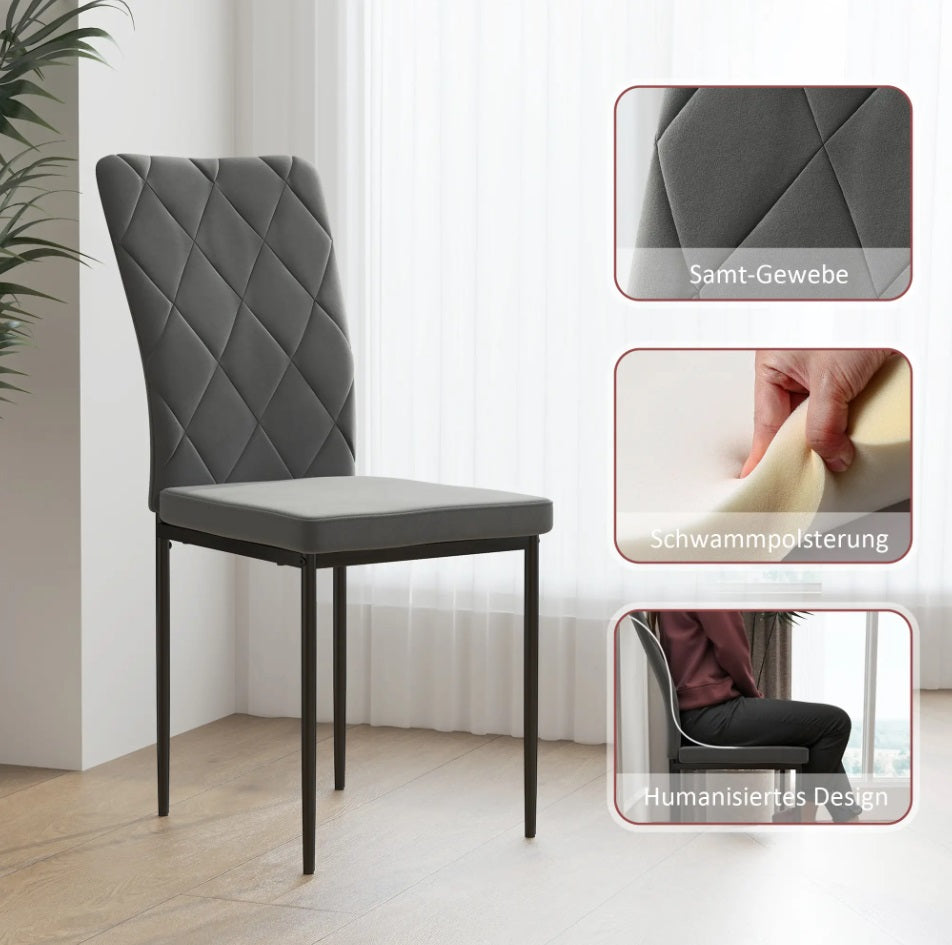 4er Set Esszimmerstühle Samtoptik Dunkelgrau – Moderne Polsterstühle mit Metallbeinen
