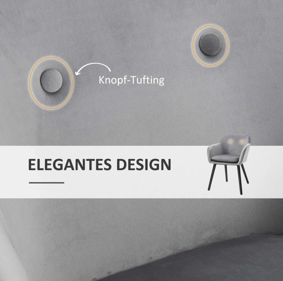 2er Set Esszimmerstühle in Grau Samtoptik – Sessel-Design mit Armlehnen und Holzbeinen