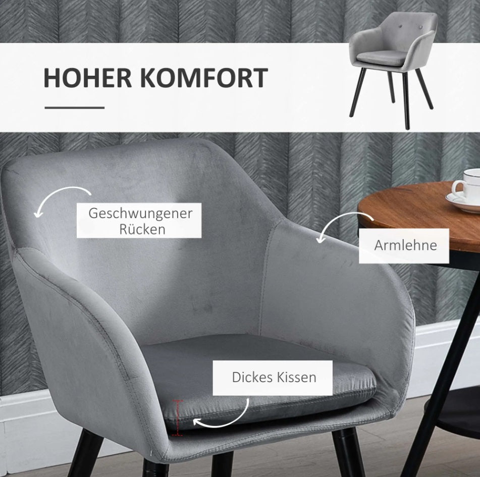 2er Set Esszimmerstühle in Grau Samtoptik – Sessel-Design mit Armlehnen und Holzbeinen
