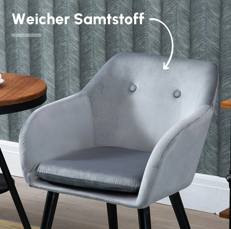 2er Set Esszimmerstühle in Grau Samtoptik – Sessel-Design mit Armlehnen und Holzbeinen