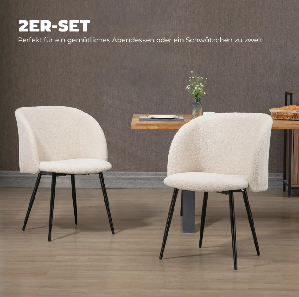2er Set Esszimmerstühle in Lammwoll-Optik Cremeweiß – Moderne Polsterstühle mit Stahlbeinen