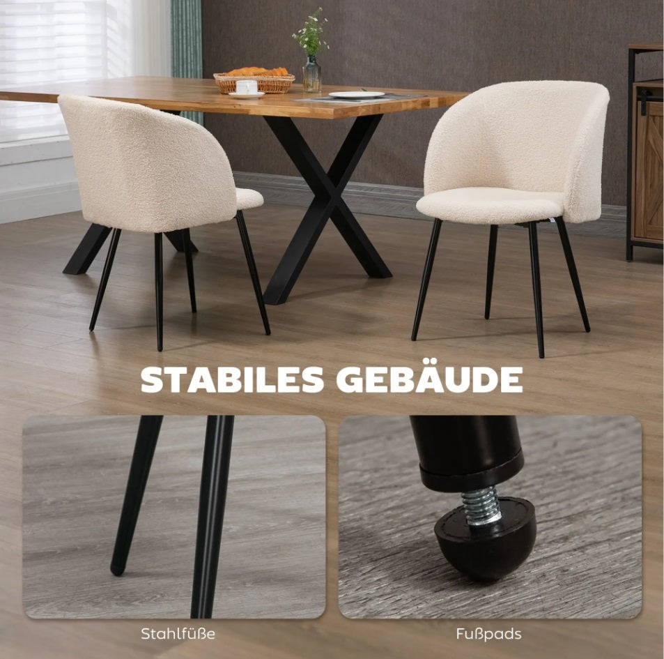 2er Set Esszimmerstühle in Lammwoll-Optik Cremeweiß – Moderne Polsterstühle mit Stahlbeinen