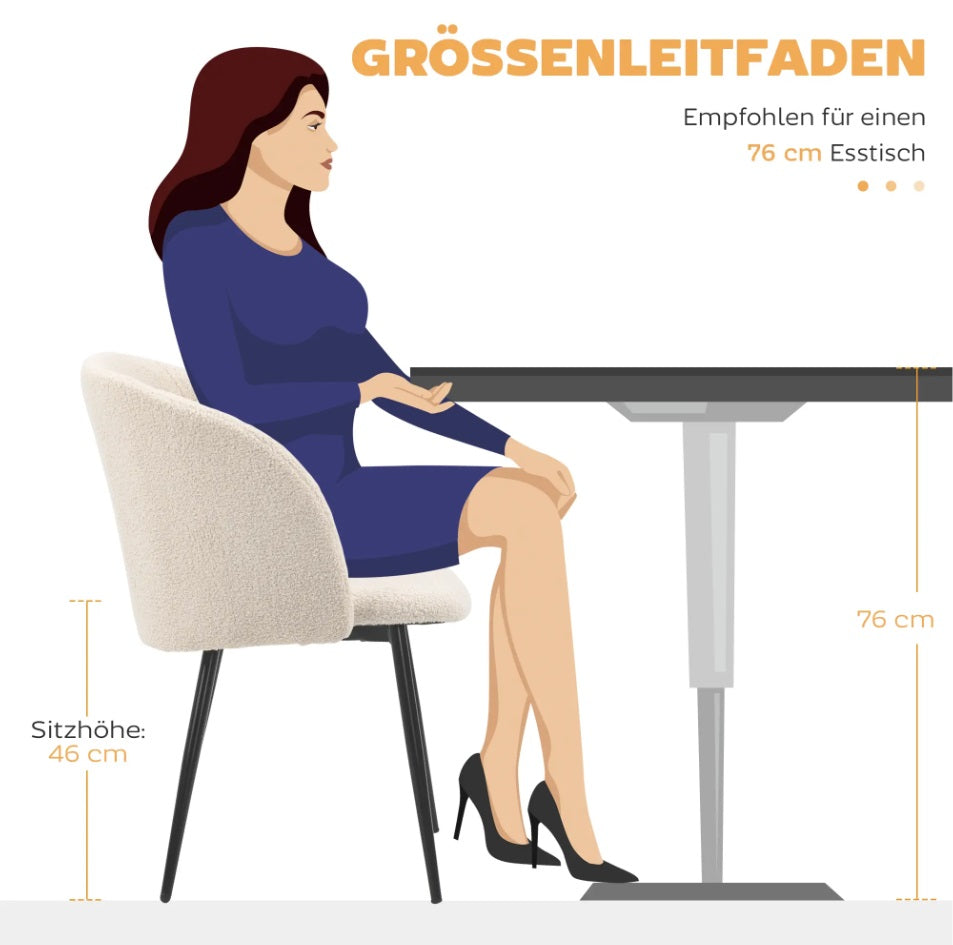 2er Set Esszimmerstühle in Lammwoll-Optik Cremeweiß – Moderne Polsterstühle mit Stahlbeinen