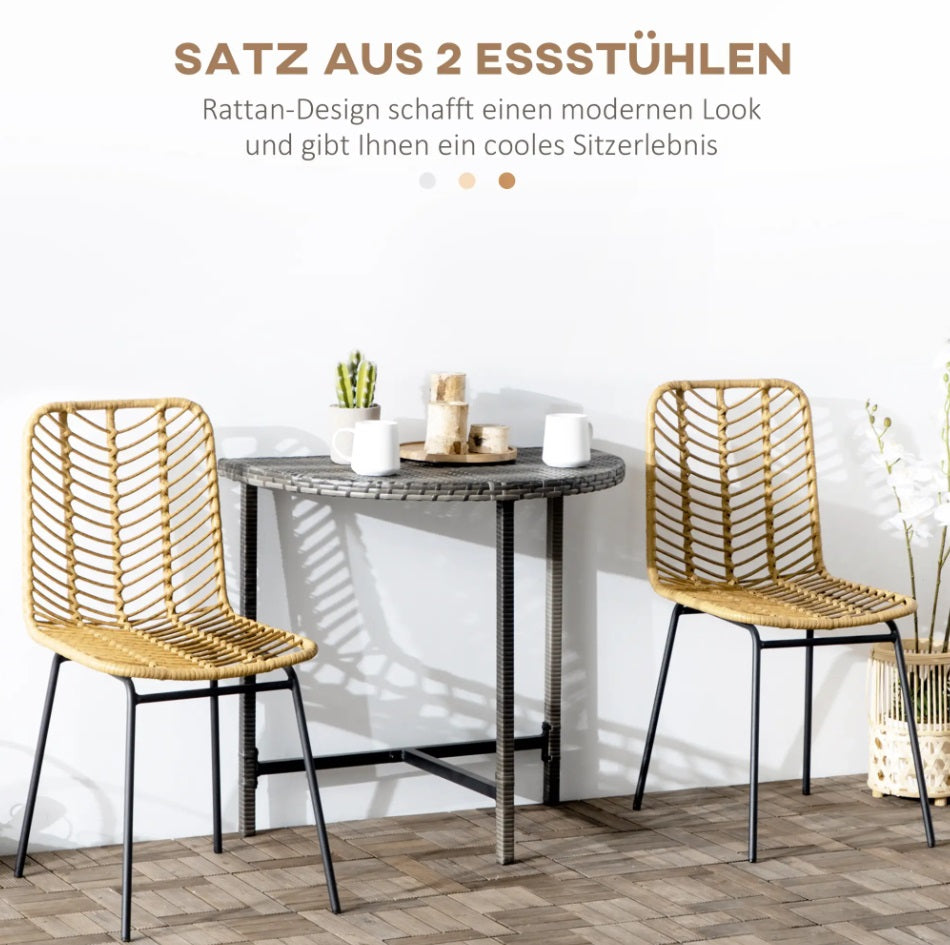 2er Set Esszimmerstühle Boho-Stil – PE-Rattan Natur mit Gelben Stahlbeinen