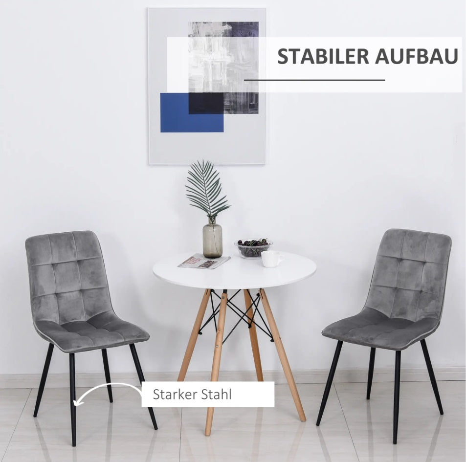 2er Set Esszimmerstuhl Samt-Optik Grau – Küchenstuhl mit Hoher Rückenlehne und Metallbeinen