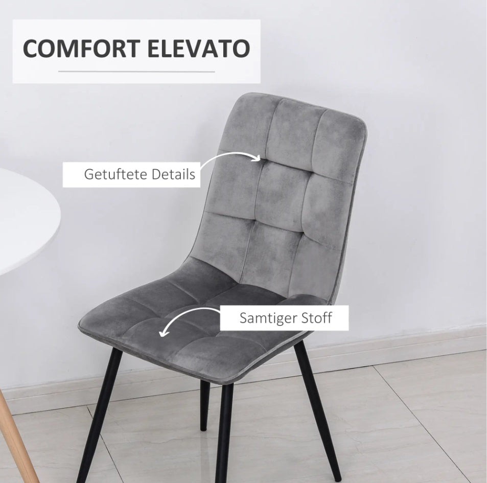2er Set Esszimmerstuhl Samt-Optik Grau – Küchenstuhl mit Hoher Rückenlehne und Metallbeinen
