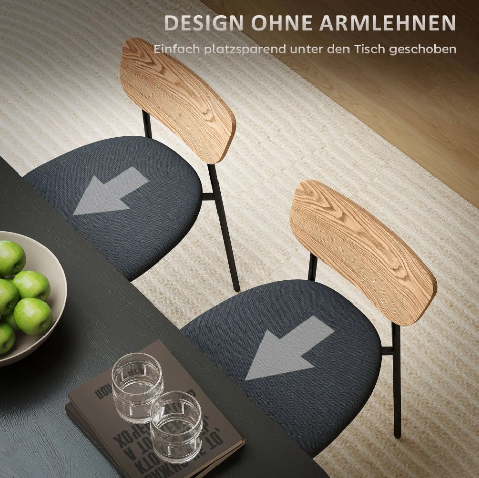 2er Set Esszimmerstühle Grau Leinen-Optik – Küchenstühle Armlos mit Holz-Rückenlehne