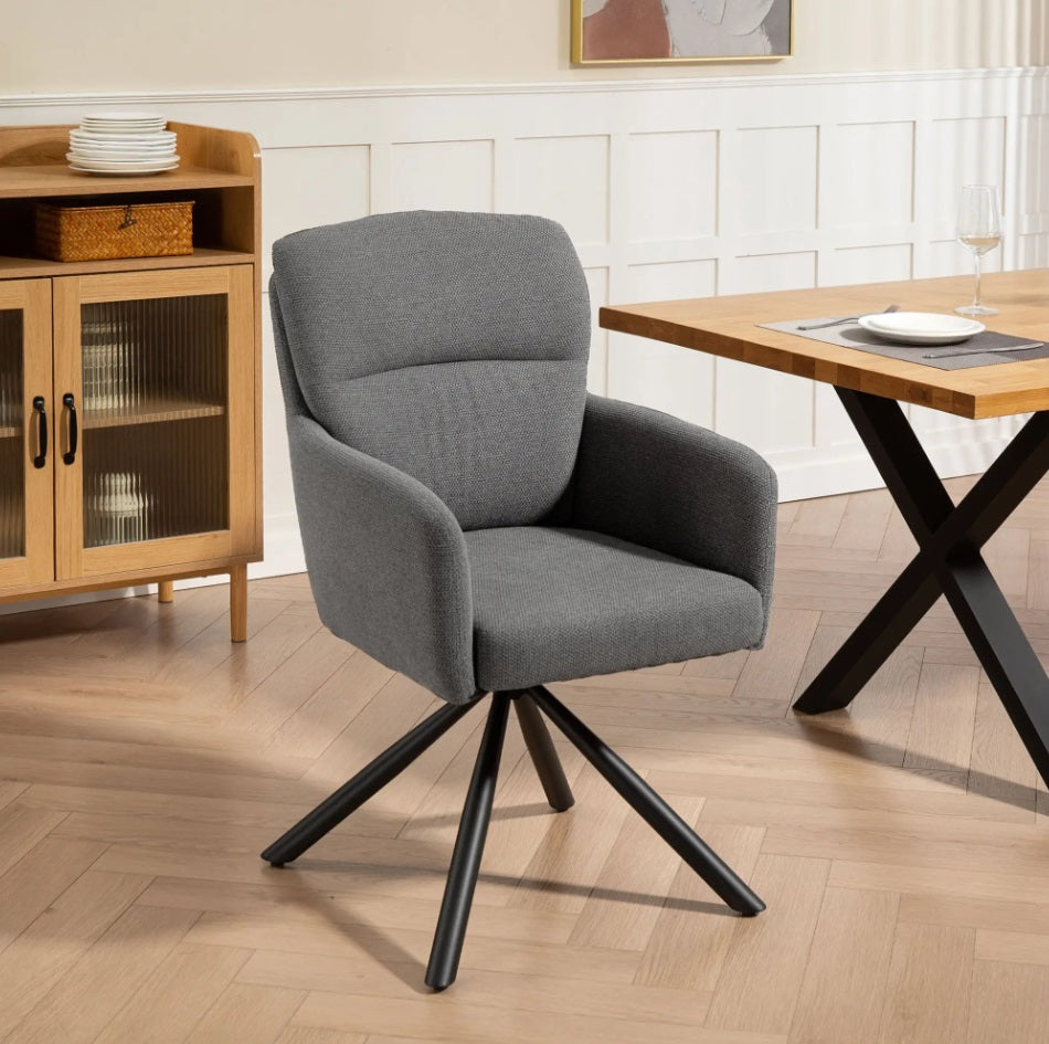 Gepolsterter Esszimmer Drehstuhl Grau – 360° Funktion, 10 cm Dicke Polsterung & Leinen-Optik